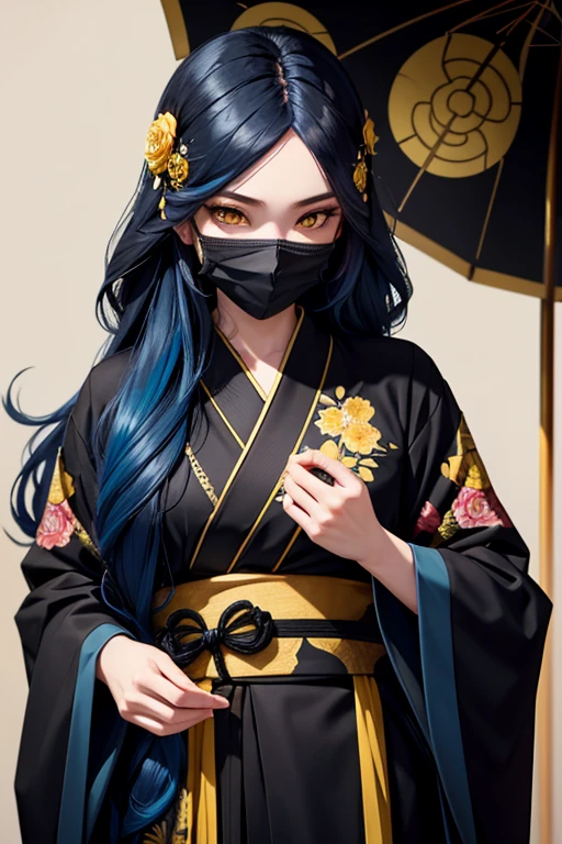 highest quality, black mask, black kimono with floral pattern, Loosely wavy long blue hair, yellow eyes