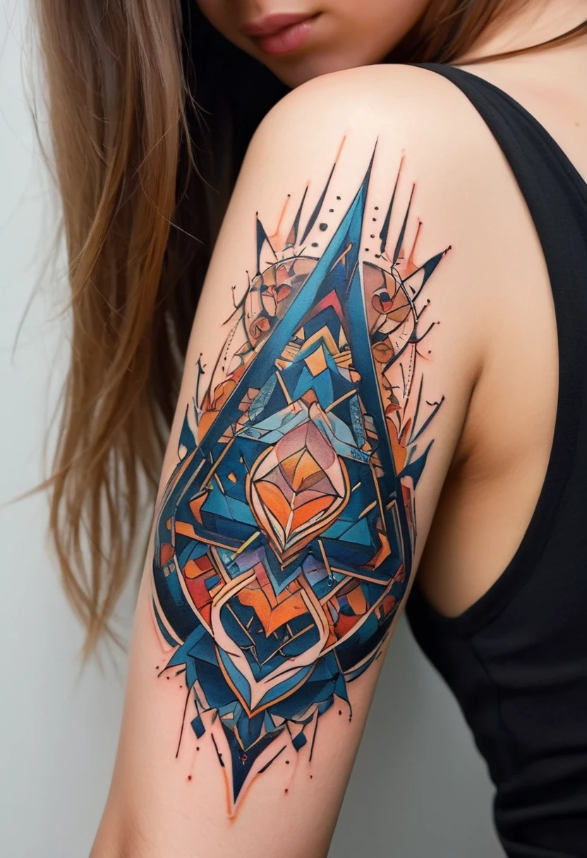 Ultra-detailed 8K resolution, Geometric style and Minimalism. A modern tattoo design is presented, with geometric lines creating intricate patterns. The composition is minimalist, com contornos precisos. Colors are chosen carefully to add a touch of dynamism. Studio lighting highlights the elegant simplicity of this art, perfeita para uma camiseta que incorpora a modernidade da tatuagem.