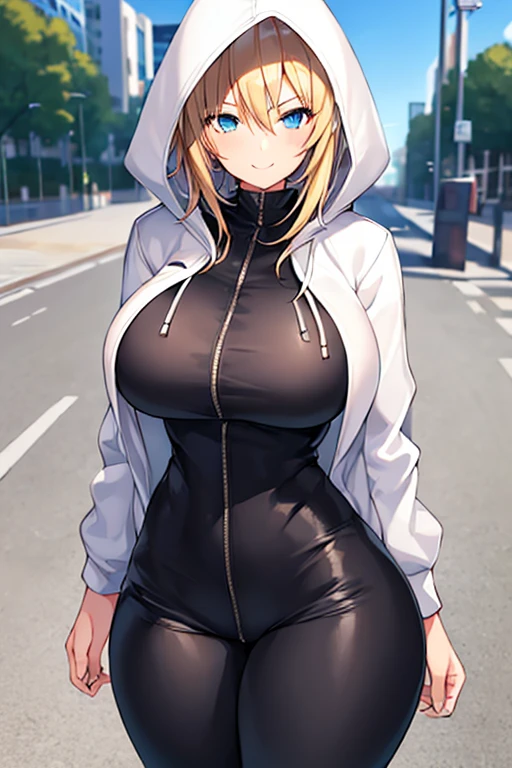 1girl, hood, jacket, hooded jacket, hood on, hood up, blonde hair, large breasts, breasts, wide hips, thick thighs, hourglass figure, white jacket, black shirt, shirt, very short hair, pants, black pants, smile, toned, toned female, urban, mature female, tall, tall female, femenine, zipper