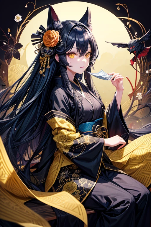 highest quality, black mask, black kimono with floral pattern, Loosely wavy long blue hair, yellow eyes