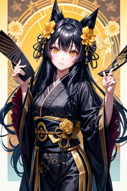 highest quality, black mask, black kimono with floral pattern, Loosely wavy long blue hair, yellow eyes