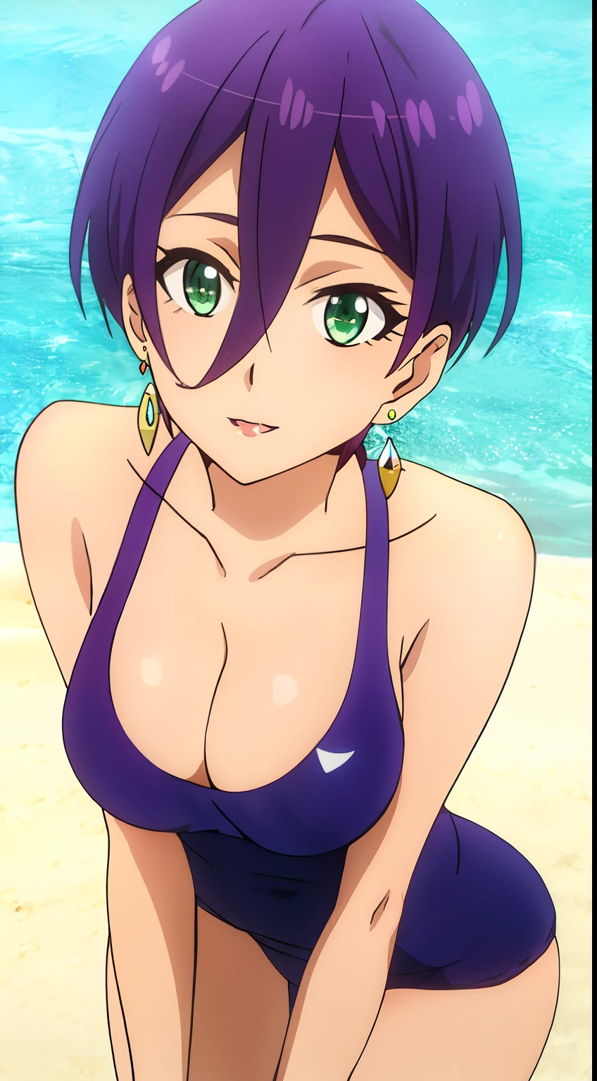 masterpiece, highest quality, High resolution,1 girl, alone,20's style,short_hair, green_eye, hair_between_eye, jewelry, purple_hair,beautiful face,beautiful body,swimsuit, earrings, sexy pose,looking at the viewer,in the center of the image,  (beautiful_medium breasts:1.3), (beautiful_face:1.2),(slim_waist),(beautiful_thighs:1.1),