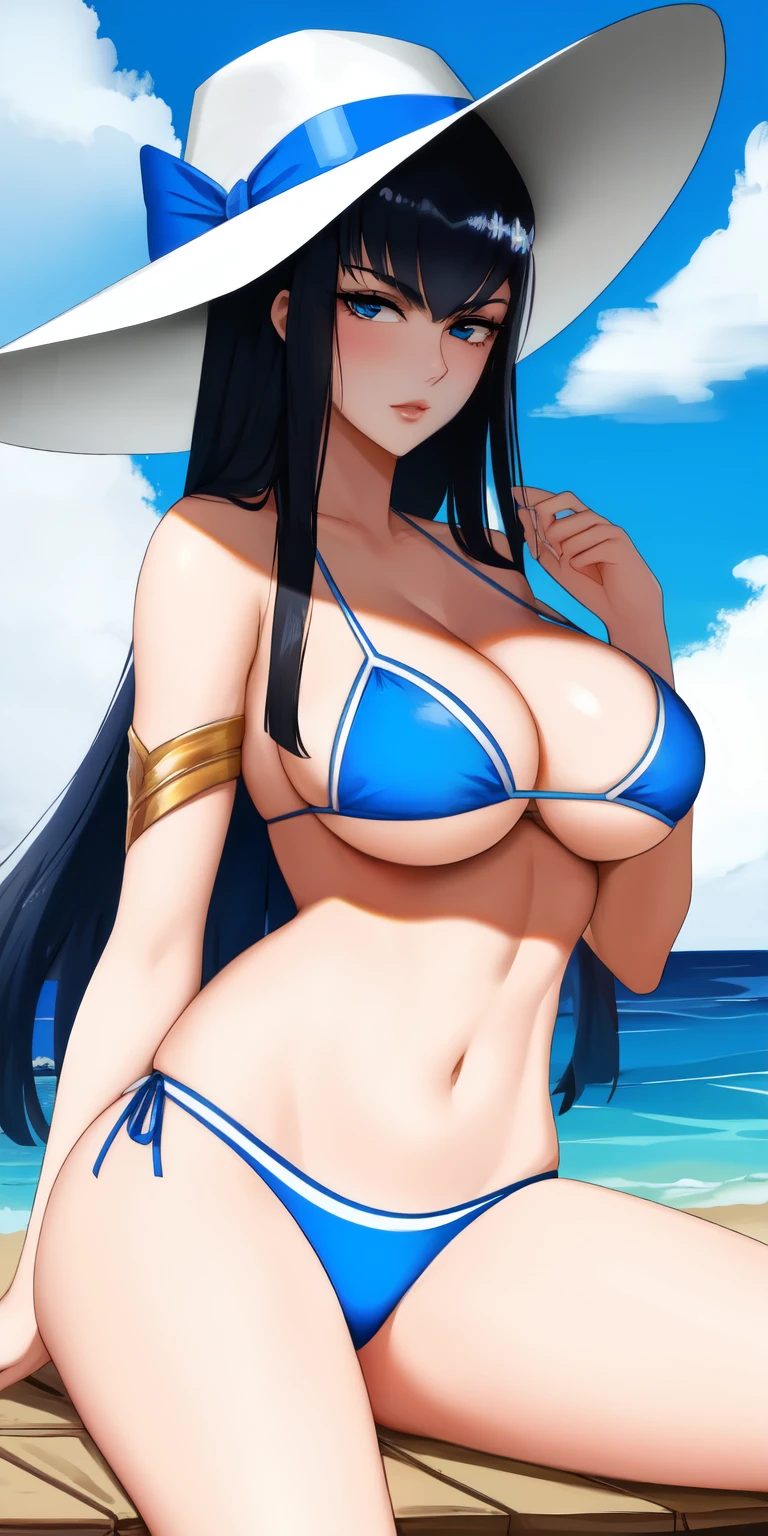 Satsuki Kiryuin en bikini y sombrero sentada en una mesa con comida., elegant bikini, bikini con tirantes, bikini blanco, con sombrero, con sombrero de paja, rutina de bikini, cautivador y tentador, dama seductora, hermosa modelo de bikini, chica sexy, wearing a bikini blanco, hermosa mujer, lindo bikini, blue bikini, medio rosa, ekaterina, hermosa dama