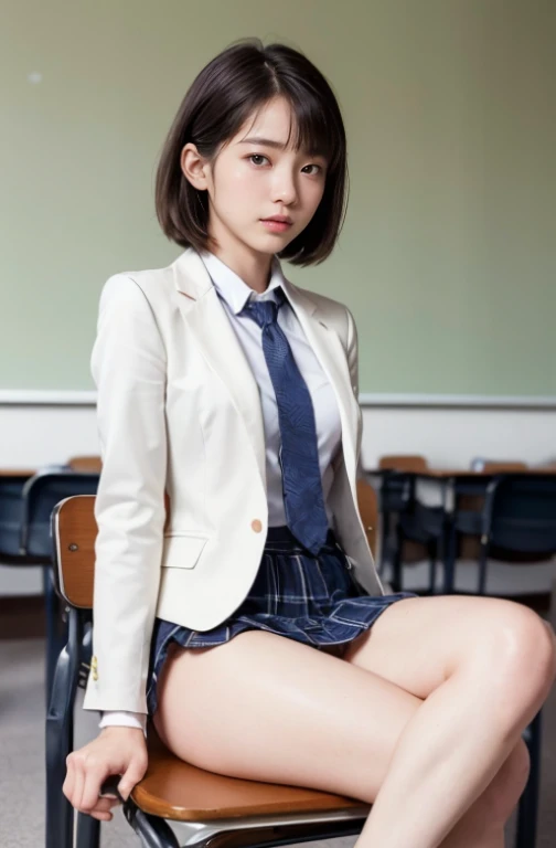Top quality, high resolution, very detailed, masterpiece, raw photo, realistic, photorealistic, very delicate and beautiful., delicate details, rough skin, 1 girl, alone, I am an 18-year-old Japanese girl, wearing a high, classroom, (body facing the camera: 1.3), (I sit with my legs on the side on the school chair: 1.2), (please show me your white panties: 1.2), dark blue jacket and checkered skirt, white shirt, tie, black loafers, (face is really beautiful.:1.5), high, brown hair, short hair, perfect proportions, (nsfw), A very sexy pose