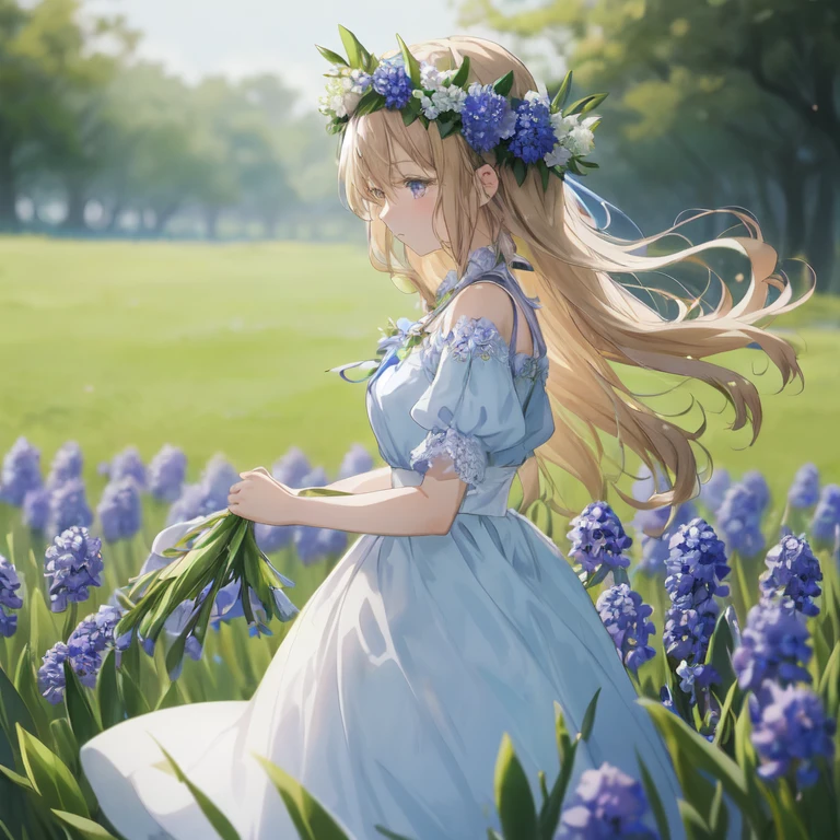 anime girl in a blue dress walking through a field of flowers, beautiful anime art, beautiful anime girl, beautiful anime, crown of blue flowers, beautiful anime artwork, violet evergarden, beautiful maiden, beautiful anime portrait, blue flower field, in a field of flowers,  in dress, anime visual of a cute girl, queen of flowers, beautiful fantasy anime