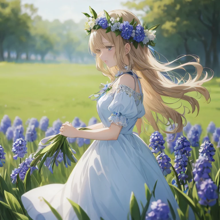 anime girl in a blue dress walking through a field of flowers, beautiful anime art, beautiful anime girl, beautiful anime, crown of blue flowers, beautiful anime artwork, violet evergarden, beautiful maiden, beautiful anime portrait, blue flower field, in a field of flowers, in dress, anime visual of a cute girl, queen of flowers, beautiful fantasy anime