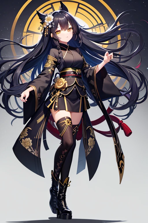 highest quality, black mask, black kimono with floral pattern, Loosely wavy long blue hair, yellow eyes, brown long boots