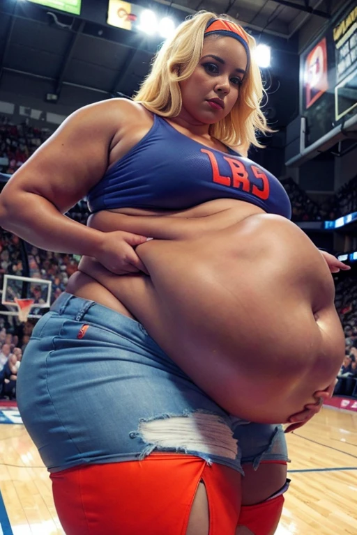 a close up of a person on a basketball court with a basketball, bra and shorts streetwear, beautiful thick female, thick thighs, sport bra and shorts, thick body, thick, sport bra and dark blue shorts, thicc, she has a jiggly fat round belly, short robust woman, gorgeous female, jaw dropping beauty, violet myers, instagram model, curvy woman. voluoptous woman. natural skin texture, 4K textures, HDR, intricate, highly detailed, sharp focus, hyper-detailed, curvy body, plump body, huge big ass, thick body, curvy body type, voluptuous body type, busty body type, thick body type, big chest, big