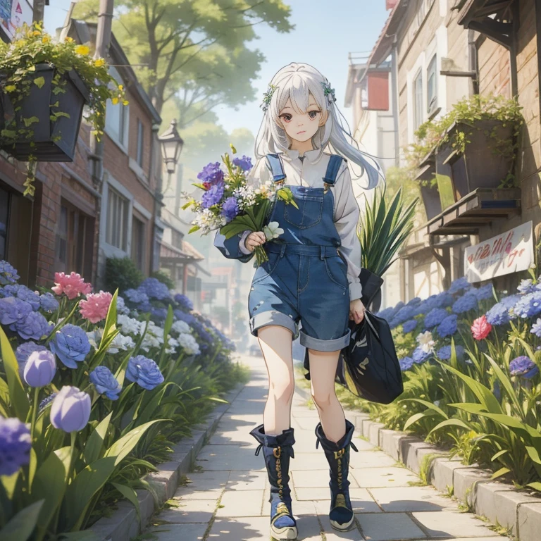 anime girl with white hair and blue overalls carrying flowers, splash art anime , forest city streets behind her, artwork in the style of guweiz, guweiz on pixiv artstation, guweiz on artstation pixiv, official art, the non-binary deity of spring, render of april, 2. 5 d cgi anime fantasy artwork