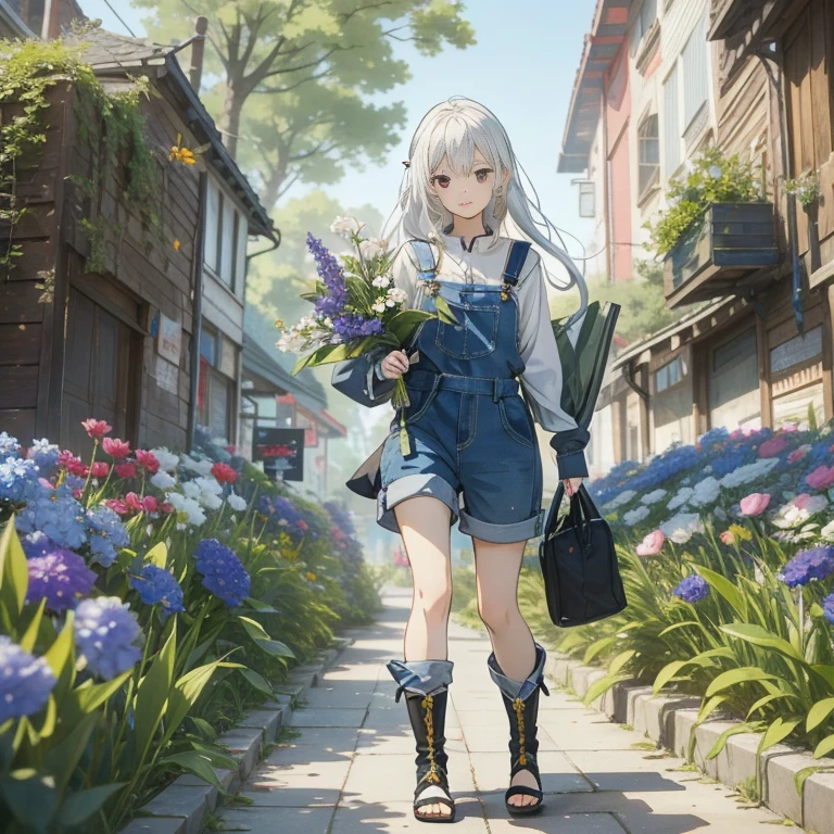 anime girl with white hair and blue overalls carrying flowers, splash art anime , forest city streets behind her, artwork in the style of guweiz, guweiz on pixiv artstation, guweiz on artstation pixiv, official art, the non-binary deity of spring, render of april, 2. 5 d cgi anime fantasy artwork