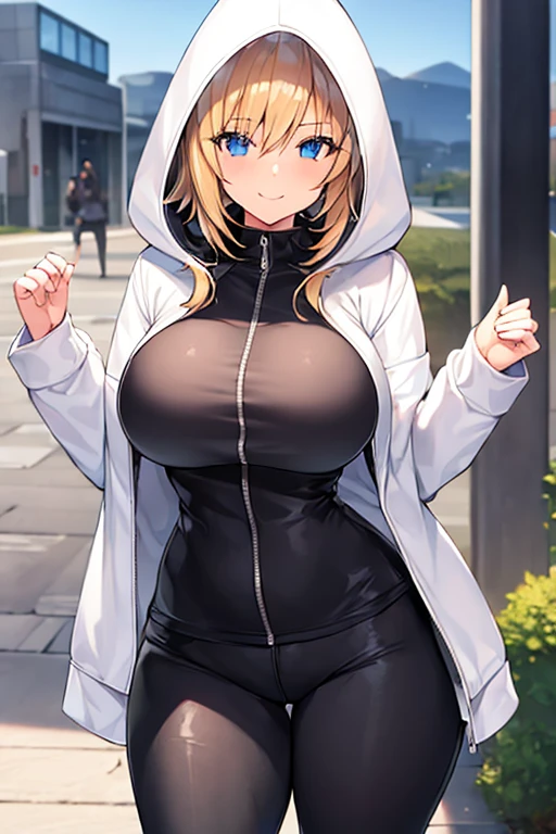 1girl, hood, jacket, hooded jacket, hood on, hood up, blonde hair, large breasts, breasts, wide hips, thick thighs, hourglass figure, white jacket, black shirt, shirt, very short hair, pants, black pants, smile, toned, toned female, urban, mature female, tall, tall female, femenine, zipper