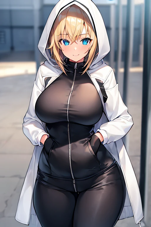 1girl, hood, jacket, hooded jacket, hood on, hood up, blonde hair, large breasts, breasts, wide hips, thick thighs, hourglass figure, white jacket, black shirt, shirt, very short hair, pants, black pants, smile, toned, toned female, urban, mature female, tall, tall female, femenine, zipper