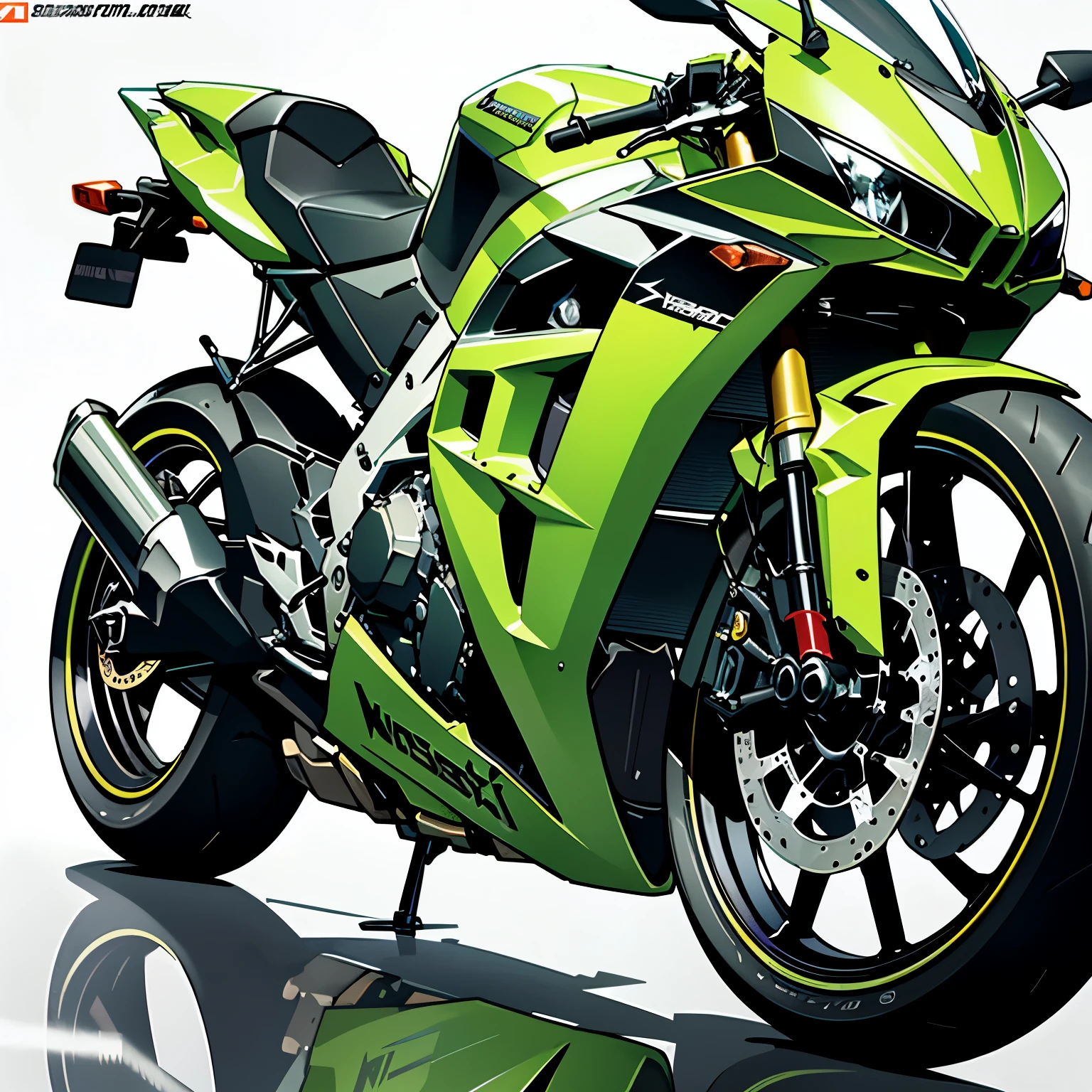 Majestic-looking Green Kawasaki ZX 6 with a name tag written "Kelvin" at the back, High resolution, Luxury goods, Detail-rich, Sleek motorcycle design, Shiny metallic paint, Reflective mirror-like surface, Three-dimensional body features, Perfectly crafted motorcycle, Top Photography Masters Award-Winning Works, Light particles surround, A high resolution image, Realistic shadows, Bright and vivid colors, Invincible presence on the road, Kelvin's personal ride, Shining under the spotlight, Exquisite detail, Exquisite craftsmanship, Sleek and powerful, Authentic motorcycle experience, Precision