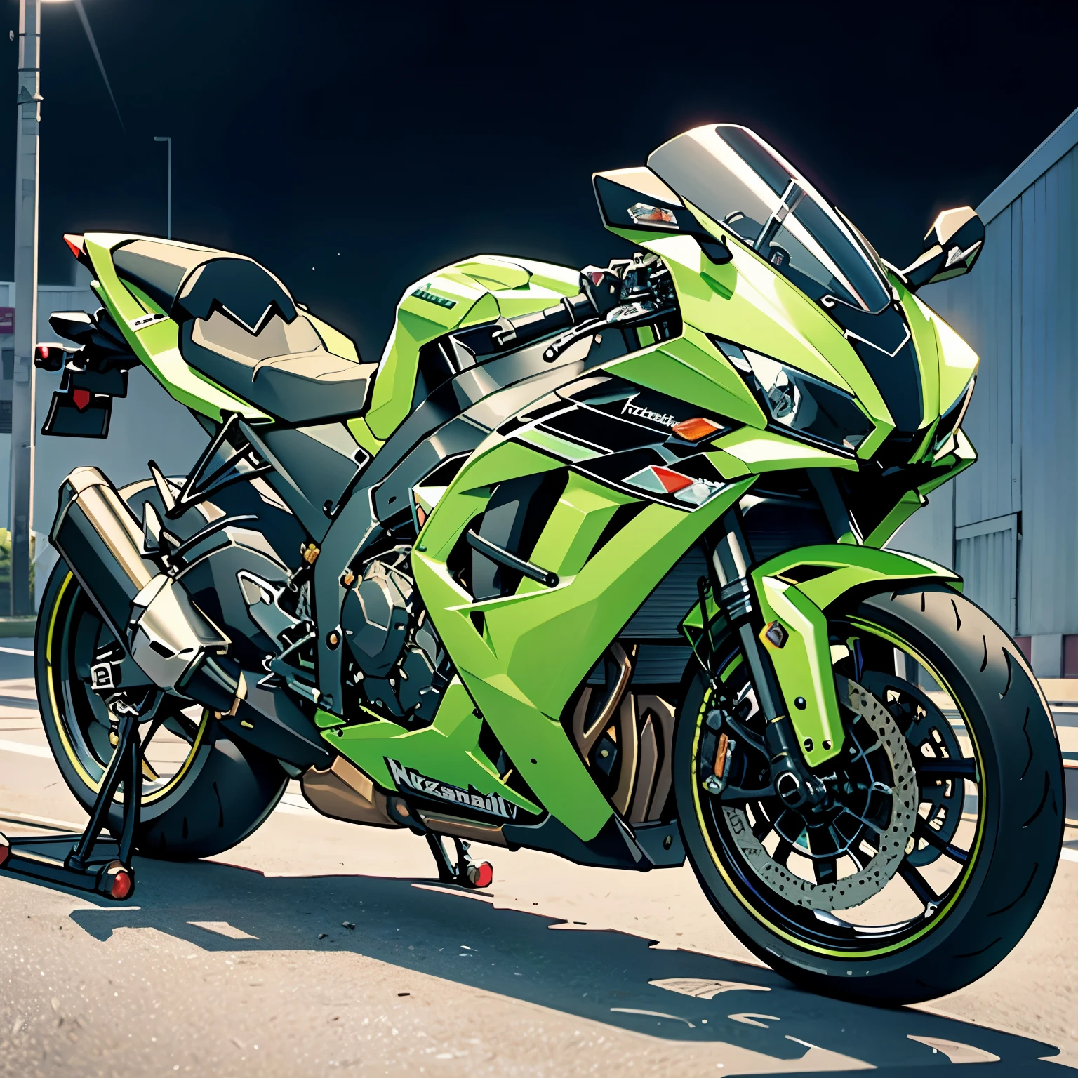Majestic-looking Green Kawasaki ZX 6 with a name tag written "Kelvin" at the back, High resolution, Luxury goods, Detail-rich, Sleek motorcycle design, Shiny metallic paint, Reflective mirror-like surface, Three-dimensional body features, Perfectly crafted motorcycle, Top Photography Masters Award-Winning Works, Light particles surround, A high resolution image, Realistic shadows, Bright and vivid colors, Invincible presence on the road, Kelvin's personal ride, Shining under the spotlight, Exquisite detail, Exquisite craftsmanship, Sleek and powerful, Authentic motorcycle experience, Precision