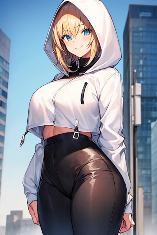 1girl, hood, jacket, hooded jacket, hood on, hood up, blonde hair, large breasts, white jacket, black shirt, shirt, very short hair, pants, black pants, smile, urban, tall, tall female, tomboy, cropped jacket, ((cropped jacket)), hourglass figure, mature female