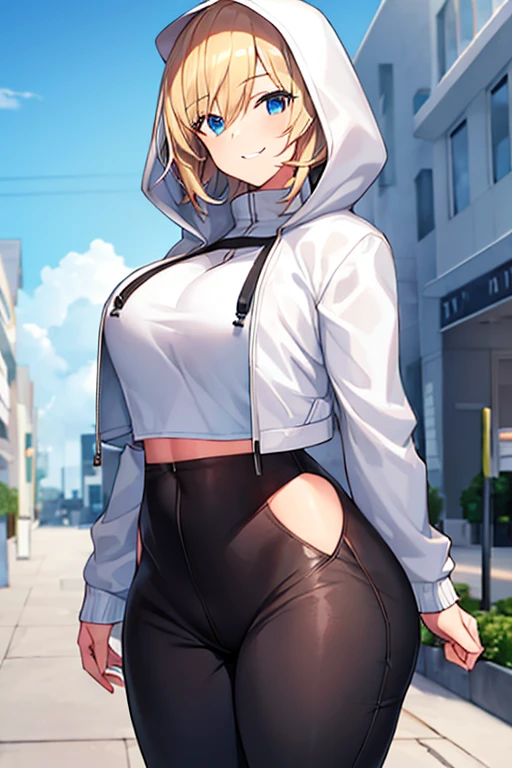 1girl, hood, jacket, hooded jacket, hood on, hood up, blonde hair, large breasts, white jacket, black shirt, shirt, very short hair, pants, black pants, smile, urban, tall, tall female, tomboy, cropped jacket, ((cropped jacket)), hourglass figure, mature female
