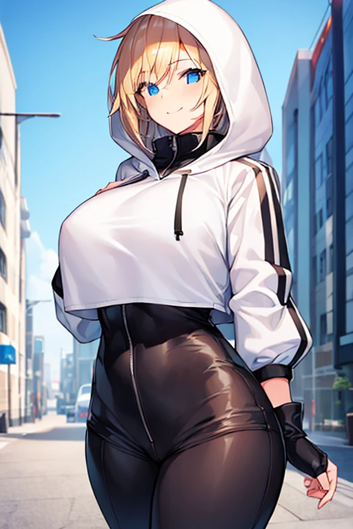 1girl, hood, jacket, hooded jacket, hood on, hood up, blonde hair, large breasts, white jacket, black shirt, shirt, very short hair, pants, black pants, smile, urban, tall, tall female, tomboy, cropped jacket, ((cropped jacket)), hourglass figure, mature female