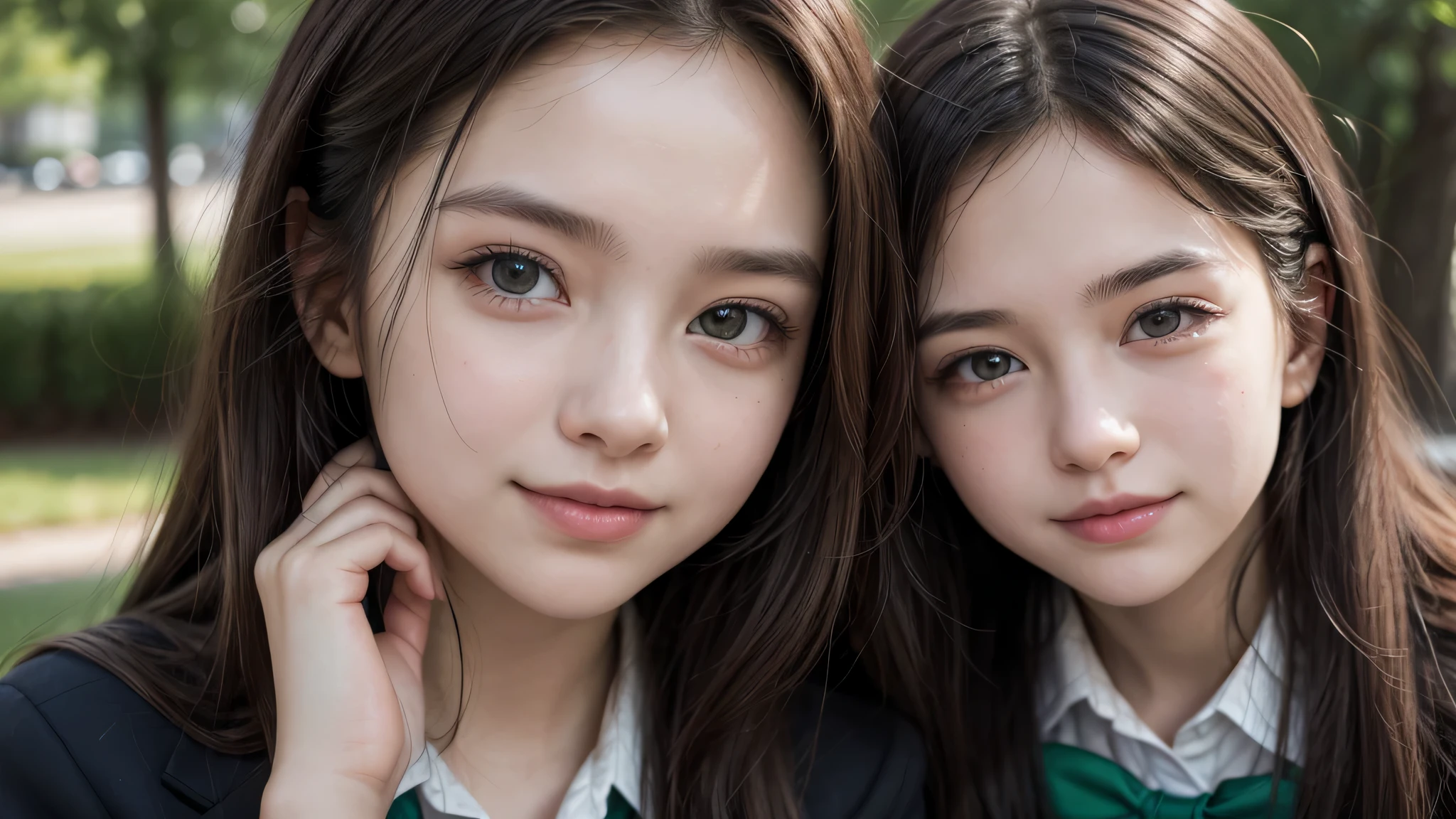 (2girls), (yo), (young face:1.2), shy smile, (Best Quality:1.4), (Ultra-detailed), (extremely detailed beautiful face), Amazing face and eyes, brown eyes, (highly detailed Beautiful face), (high school uniform:1.2), (extremely detailed CG unified 8k wallpaper), Highly detailed, High-definition raw color photos, Professional Photography, Realistic portrait, Extremely high resolution, cute smiling, green park, sitting