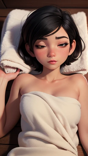 full-body picture of Kyrgyz woman, asian features, rounder face, wide face, grimace, primer, Intricate, cream eyeliner, stain lipstick, down-turned nose, Freckles, top-knot hair style, black hair, red fringe-hair, 30 year old woman, smaller breast size, smaller body, chubby, topless, nude, cinematic natural light, organic dust particles in the light, sensual, 4k, look at camera, highly detailed face, chubby , nude, full-body picture, on beach, sitting on sand