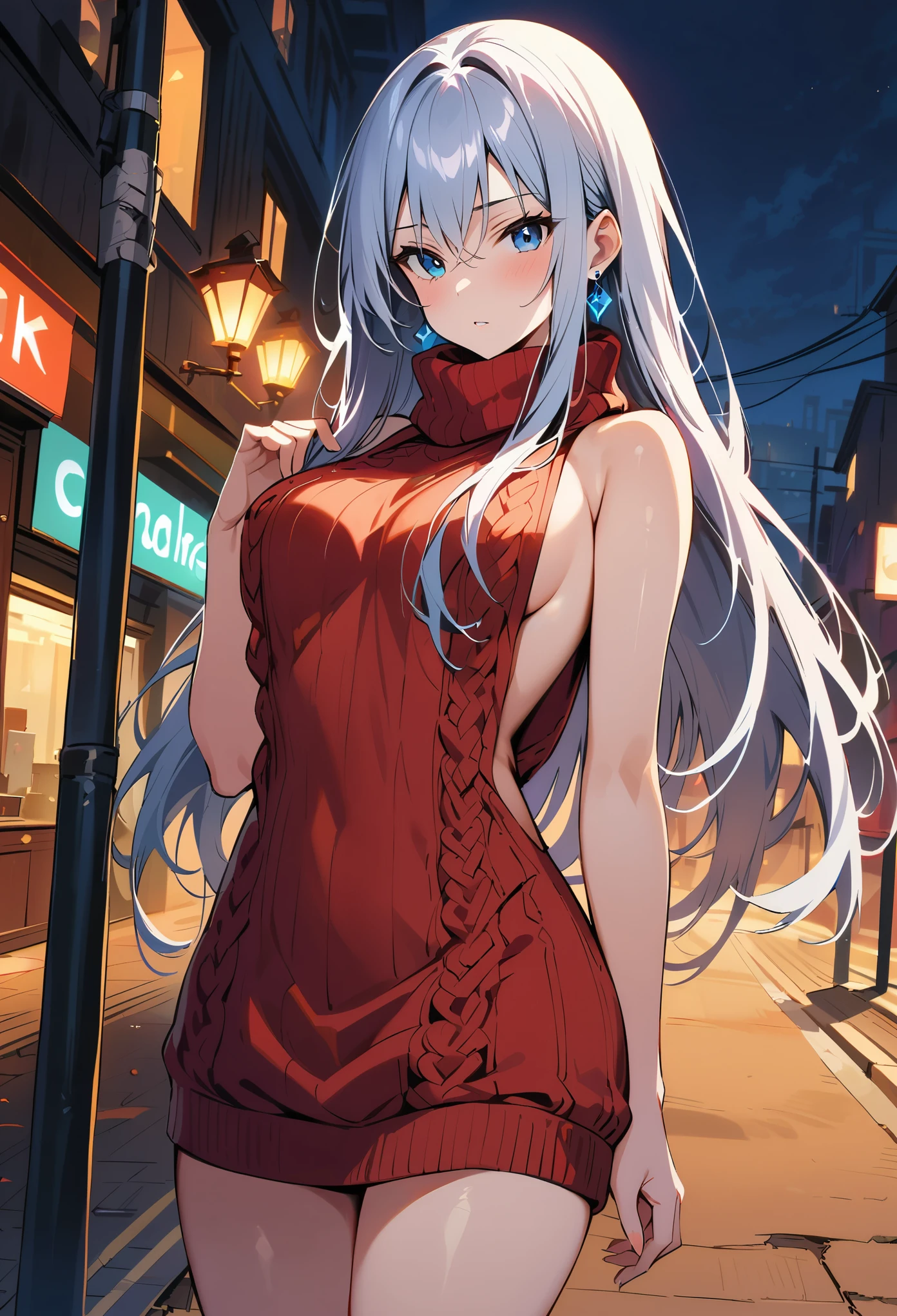 masterpiece, best quality, highres, aarin, long hair, earrings, , sweater dress, ribbed sweater, virgin killer sweater, turtleneck, sleeveless, outdoors, standing, night, street,