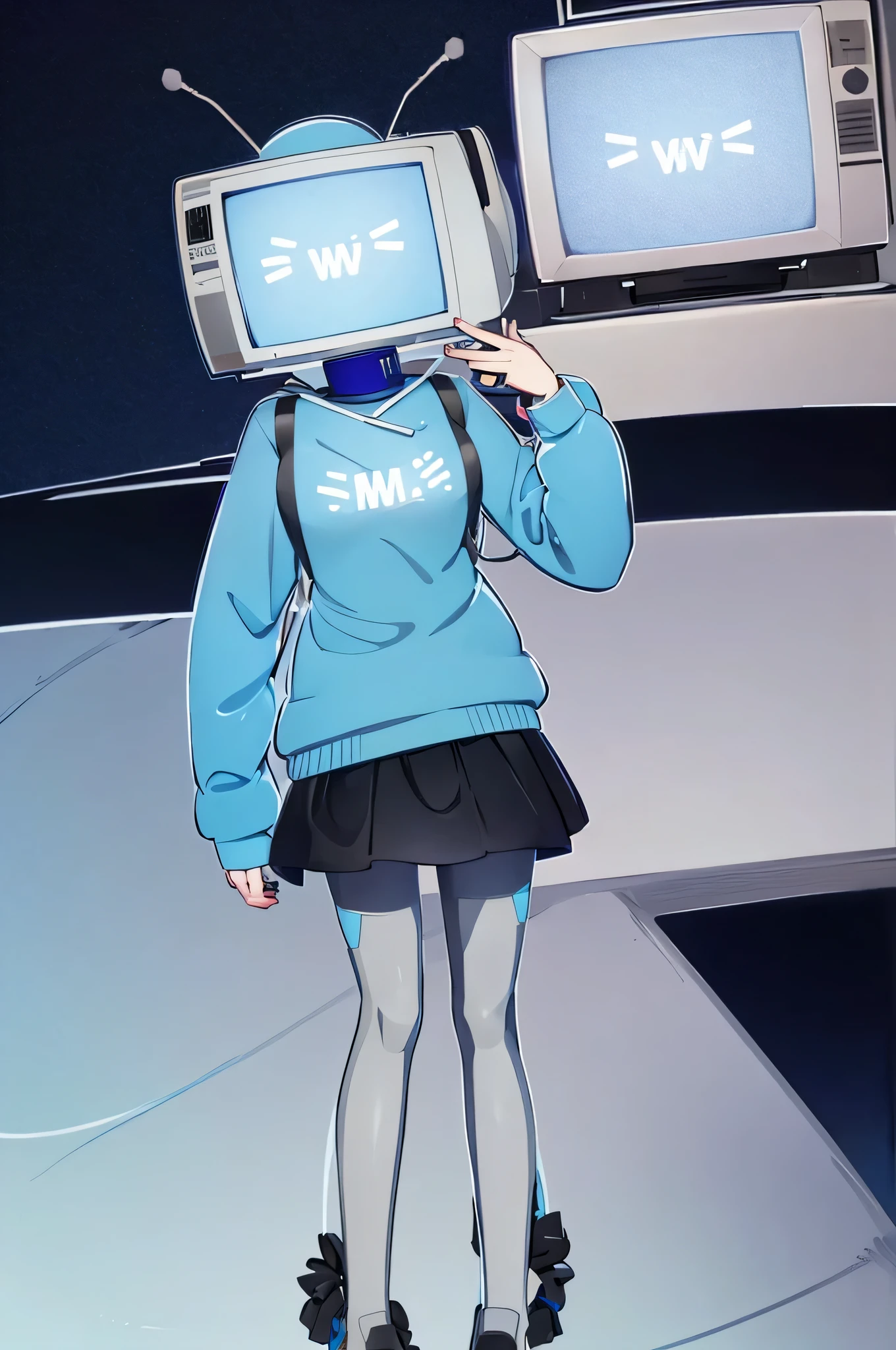 TV oc masterpice, Tv head, blue screen with UwU face, grey monitor, Hatsune Miku sweater, blue sweater