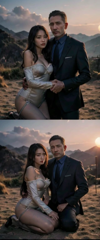 ban nsfw,original photo,depth of field,dramatic,(Real movie stills:1.3),(best quality, high resolution:1.2), Super detailed details, (actual、lifelike、Realism:1.3), Inspired by the 007 movie,at sunset,spectacular cloud formations,top of mountain,full body portrait,A beautiful and handsome couple,((Woman kneeling at the man's feet)), The woman's hair is very messy,sophisticated evening gown,The atmosphere of the battle, Threatening atmosphere, close up, Perfect body,性感的long legs,long legs,Highly detailed facial details, real background,背景在top of mountain,Stills from the real 007 movie,Movie plot,The man stands next to the woman,Man grabbing woman's head,(sharp focus:1.2), Very detailed, (lifelike:1.4), (The original image, 8K high resolution:1.2), RAW candid movies, 16 mm, Color graded Portra 400 film, Surreal, subsurface scattering, Ray tracing, (Volumetric lighting),((Behind the woman stood two men in suits))