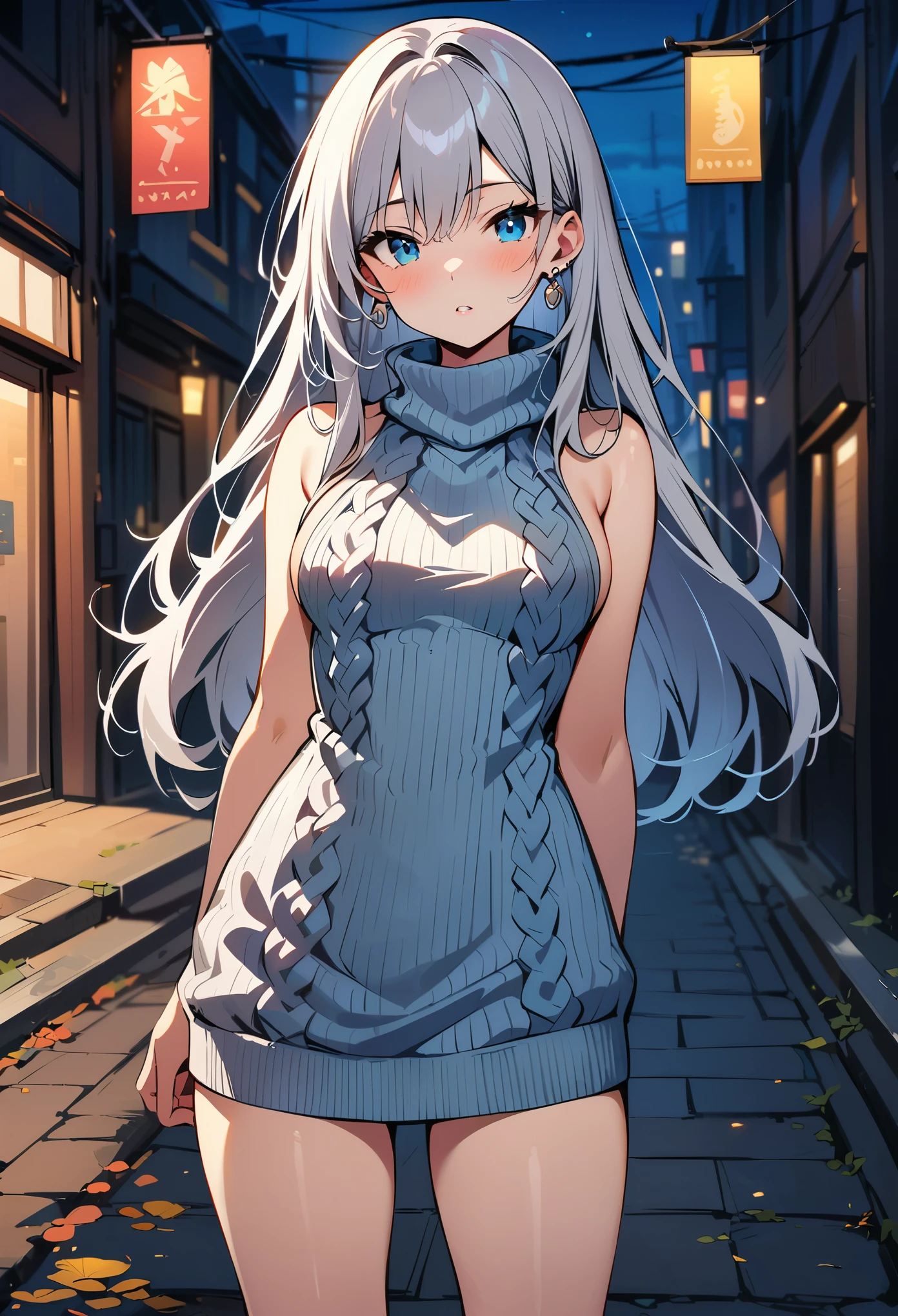 masterpiece, best quality, highres, aarin, long hair, earrings, , sweater dress, ribbed sweater, virgin killer sweater, turtleneck, sleeveless, outdoors, standing, night, street,