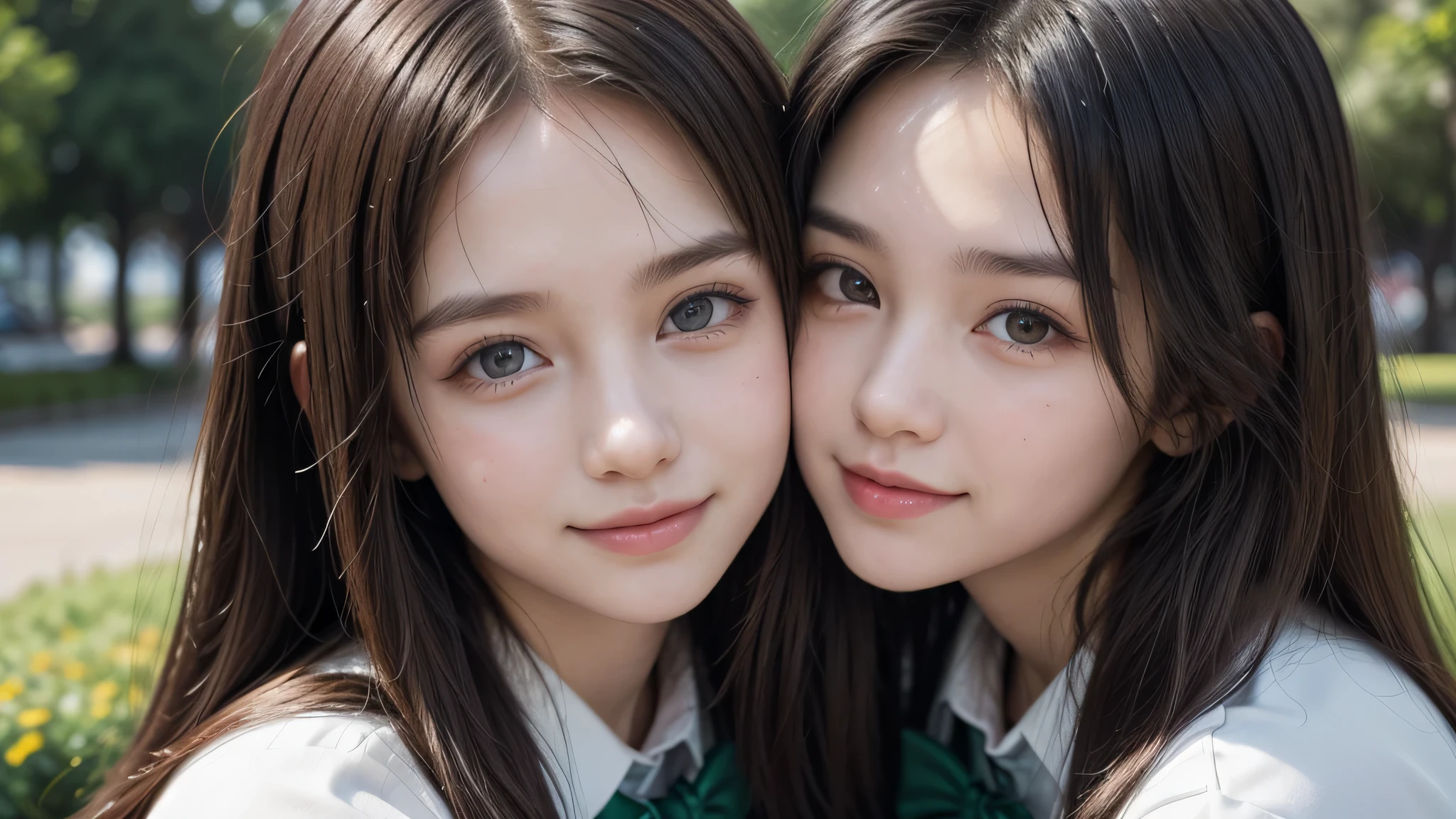 (2girls), (yo), (young face:1.2), shy smile, (Best Quality:1.4), (Ultra-detailed), (extremely detailed beautiful face), Amazing face and eyes, brown eyes, (highly detailed Beautiful face), (high school uniform:1.2), (extremely detailed CG unified 8k wallpaper), Highly detailed, High-definition raw color photos, Professional Photography, Realistic portrait, Extremely high resolution, cute smiling, green park, sitting, flowers,