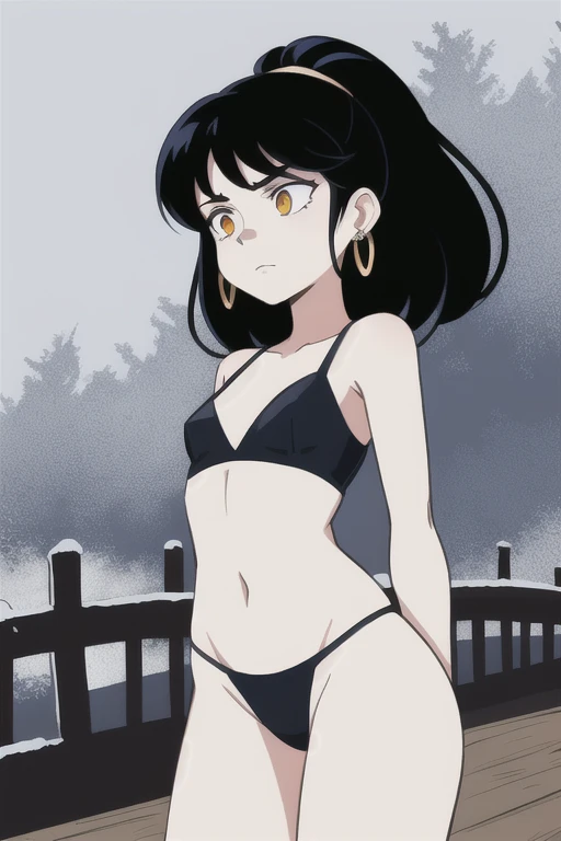 SFW, 1Girl, Adult, (slim Omani:1.2) woman, natural small breasts, long black spiky hairstyle, wearing very small thong, beryl jewelry, glowing iris, white eyes, pensive expression, empyreal otherworldly blizzard ambience with wooden bridge background, bizarre spiritual desert ambience with shipyard background, flat colors, cel shading, hard shadows, outlines, vector art