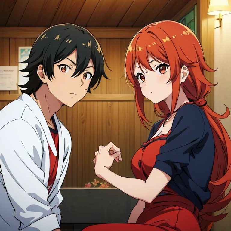 (((obra maestra de anime TV))), ((calidad HD)), pareja, pareja chico-chica, 1 chico con el hair black and red, radiant eyes red color, piel palida y rostro masculino,.  1 chica foxy con el hair White, radiant red eyes, bonita sonrisa muy cerca del chico.