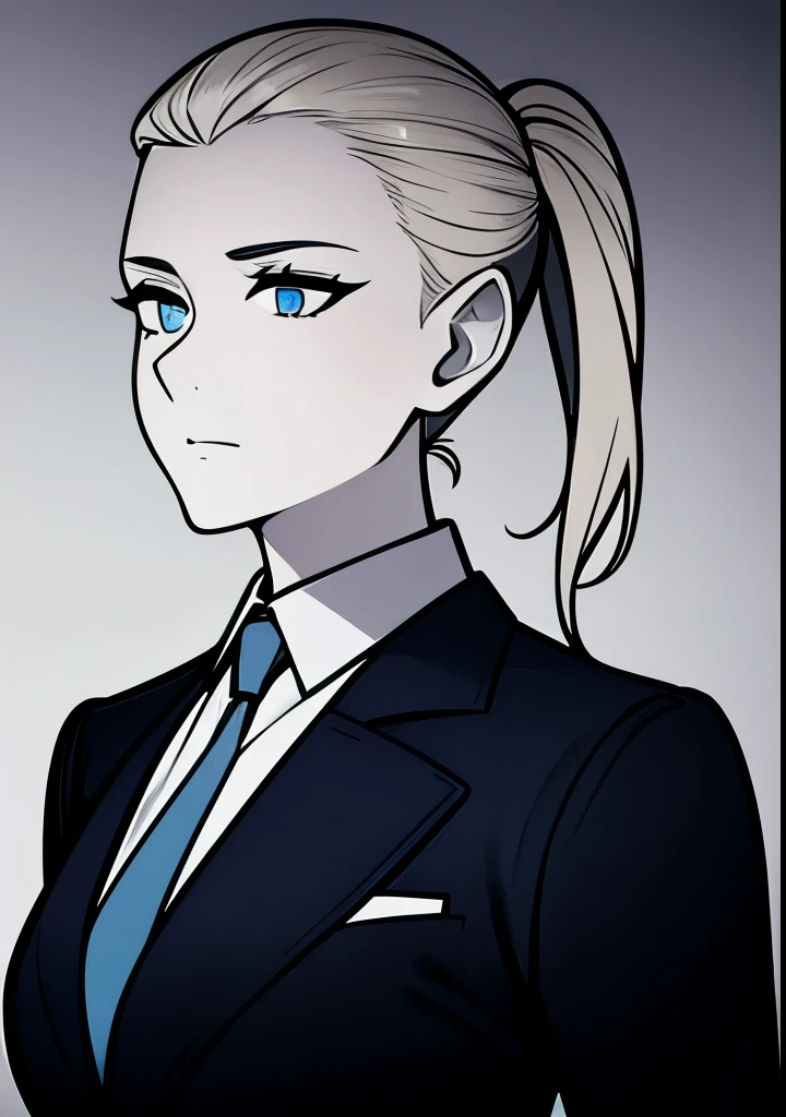 One Young Adult female, pale blonde slicked back into a short ponytail with a single bang on the left hand side, steel blue eyes, light and carefree expression, wearing black suit jacket and tie, portrait style, facing forwards