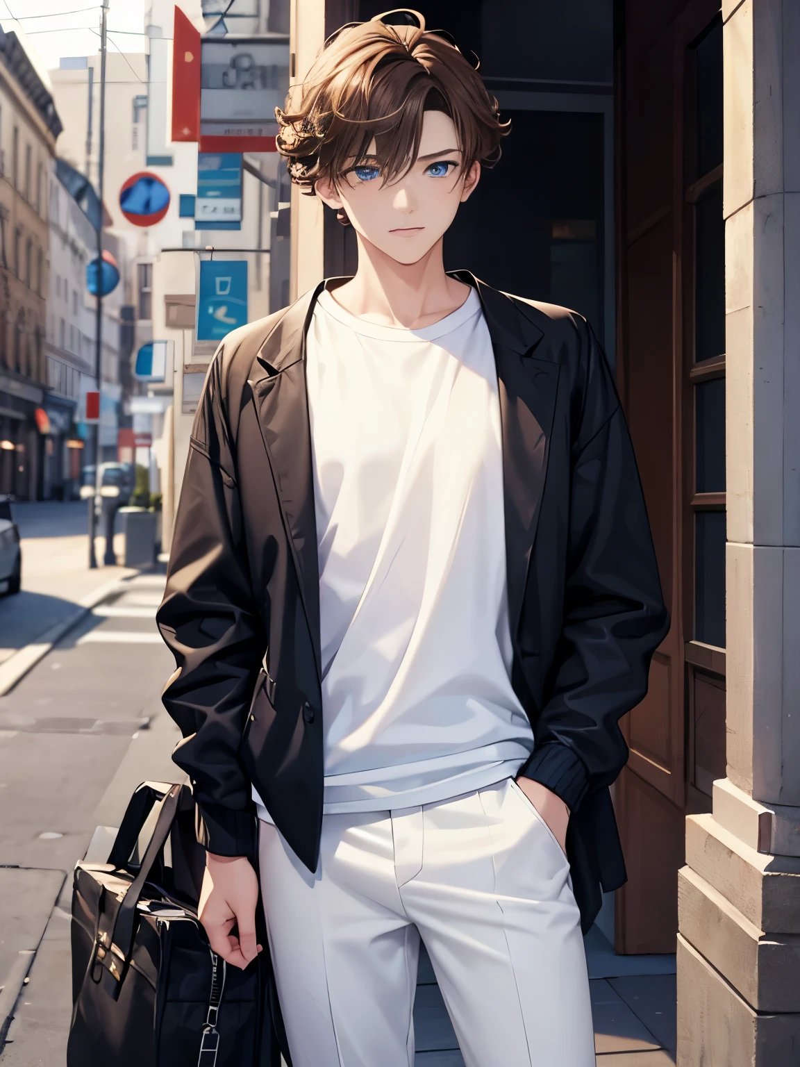 1boy,guy,standing,Squinting, standing,blue eyes,half body photo,18 years old,Curly hair,medium hair,undercut hairstyle,light brown hair,black jacket,white t-shirt,white trousers,morning,ultra detail,masterpiece