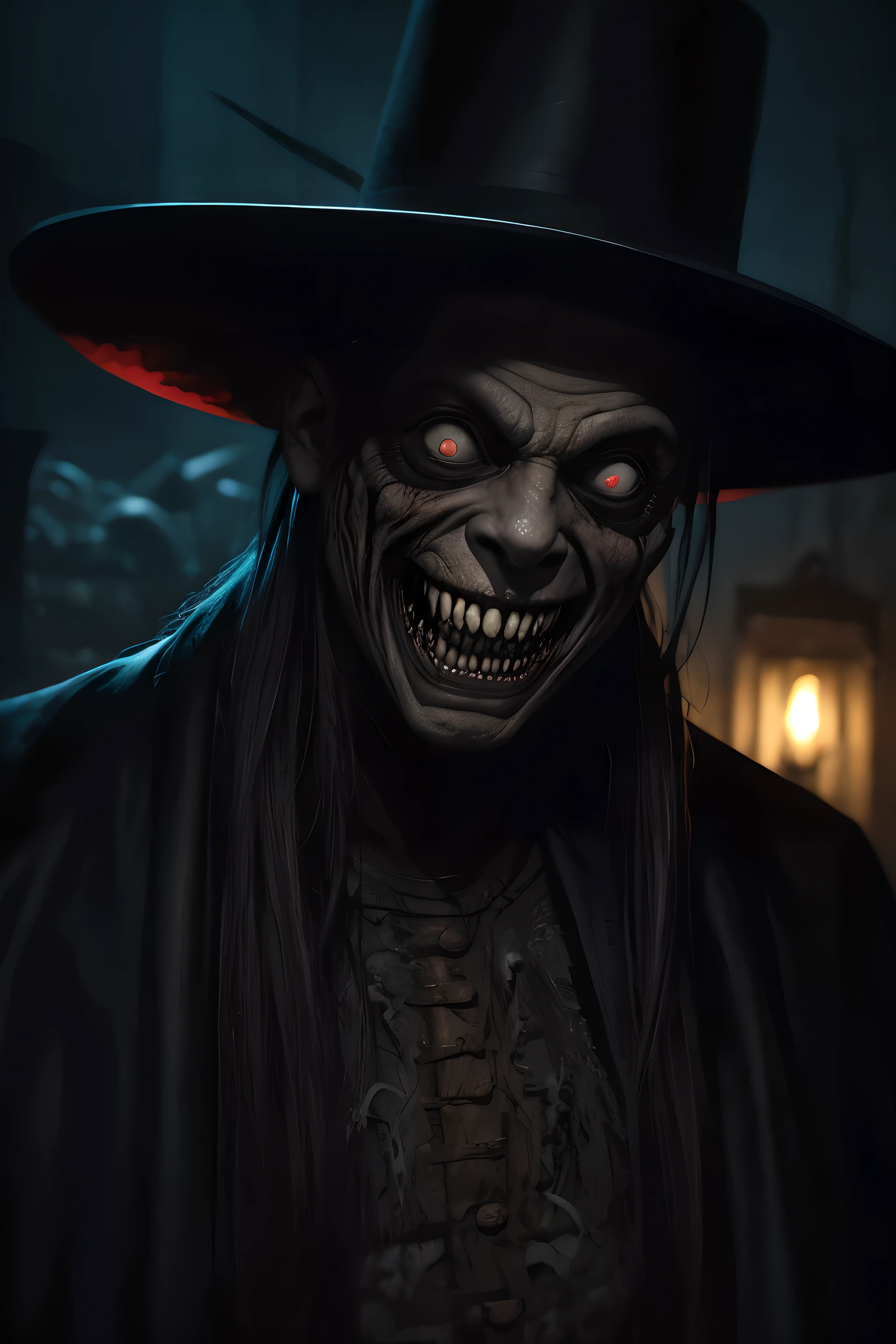 pintura de un hombre de aspecto espeluznante con un sombrero y una gran sonrisa, criatura aterradora, hombre enorme y musculoso, Retrato aterrador, horror fantasy art, chico aterrador, sonrisa malvada y ojos brillantes, ( ( ( Horror art ) ) ), sonrisa perversa, sonrisa aterradora y malvada, sonrisa horrible. Horror, horror illustration, Pintura de terror, nightmare illustration, Horror macabre face, Zombi con ojos blancos, bruja