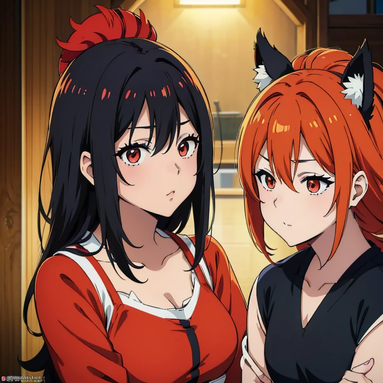 (((obra maestra de anime TV))), ((calidad HD)), pareja, pareja chico-chica, 1 chico con el hair black and red, radiant eyes red color, piel palida y rostro masculino,.  1 chica foxy con el hair White, radiant red eyes, bonita sonrisa muy cerca del chico.