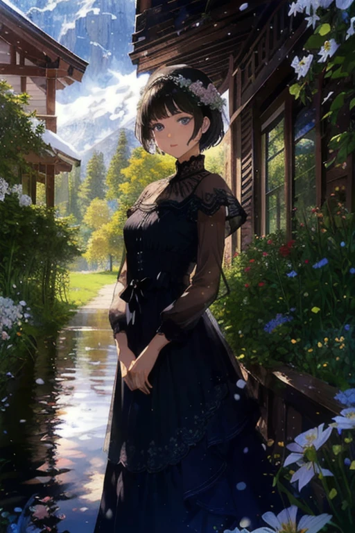 Ultra-realistic 8k CG, masterpiece, ((super detailed background, delicate pattern, intricate details)), highest quality, intricate details, view viewer, highly detailed face, highly detailed eyes and face, Beautiful eyes in every detail, 1 girl, alone, black hair, short hair, blue eyes, Happy, wedding style ,(wedding style dress),white gloves, summer, snow mountain, Creek, manor, Flowers bloom on both sides of the Creek, log cabin, Standing in front of the house