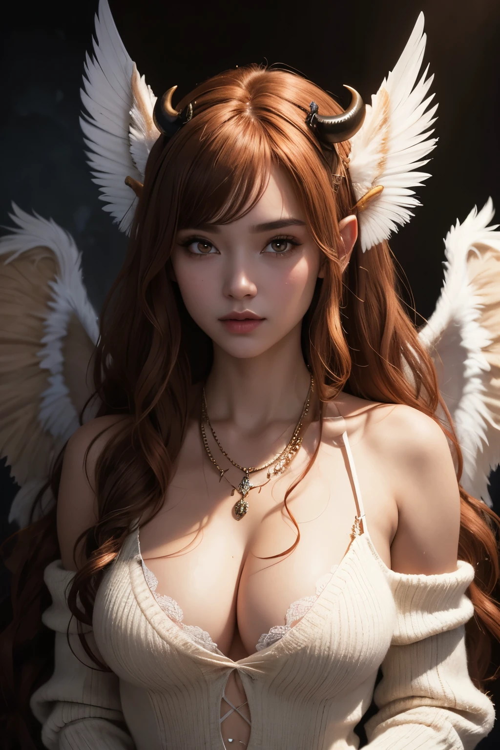 ((extreme detail)), (ultra-detailed), chiaroscuro, extremely detailed CG 8k wallpaper unit, best quality, 1girl, age19, succubus, Solo, long wavy ginger hair, light skin, ((brown)) eyes, brown demon ears, large light ((wings)), H-cup breast, (white keratin horn), Looking at Viewer, Full body, a necklace, off shoulders, Sweaters, Realistic, beautiful, detailed, nice background cute