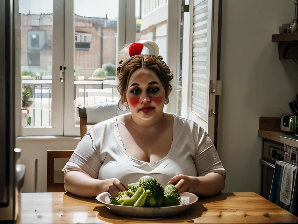 A fat woman, wearing white makeup and a clown nose, with a sad face, she is sitting at the table, in a kitchen, looking at a single broccoli on her plate, dramatic light, frontal photo, realistic, 4k, amateur photography