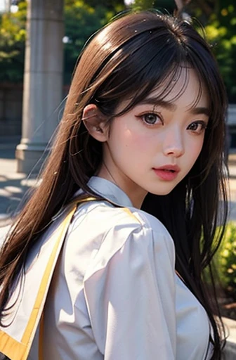 (Extremely detailed CG Unity 8K wallpapers)、(Masterpiece)、(top quality)、(Super detailed)、(best illustrations)、(最佳shadow)、(Realism:1.5)、(Pure love face_v1:0.5)、真正的人类skin、lens flare、shadow、Backlighting、bloom、depth of field、natural soft light、hard focus、film particles、、Observe your audience、 1 girl in、21 years old、solo、skin、thin skin、soft lips、(light eyebrows:1.4)、Shiny brown eyes、Black very long straight hair、small breasts、beautiful detailed sky、Detail of west garden(large crowd:1.2)、Sunlight、(red nose)、Beautiful and delicate eyes、White Japan school uniform、Sailor suit、Dark red pleated skirt、espadrilles、take off your clothes