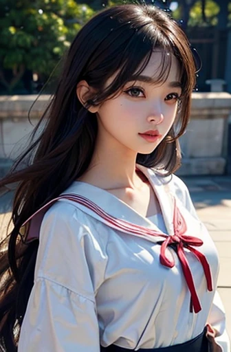 (Extremely detailed CG Unity 8K wallpapers)、(​Masterpiece)、(top quality)、(Super detailed)、(best illustrations)、(最佳shadow)、(Realism:1.5)、(Pure love face_v1:0.5)、真正的人类skin、lens flare、shadow、Backlighting、bloom、depth of field、natural soft light、hard focus、film particles、、Observe your audience、 1 girl in、21 years old、solo、skin、thin skin、soft lips、(light eyebrows:1.4)、Shiny brown eyes、Black very long straight hair、small breasts、beautiful detailed sky、Detail of west garden(large crowd:1.2)、Sunlight、(red nose)、Beautiful and delicate eyes、White Japan school uniform、Sailor suit、Dark red pleated skirt、espadrilles、take off your clothes