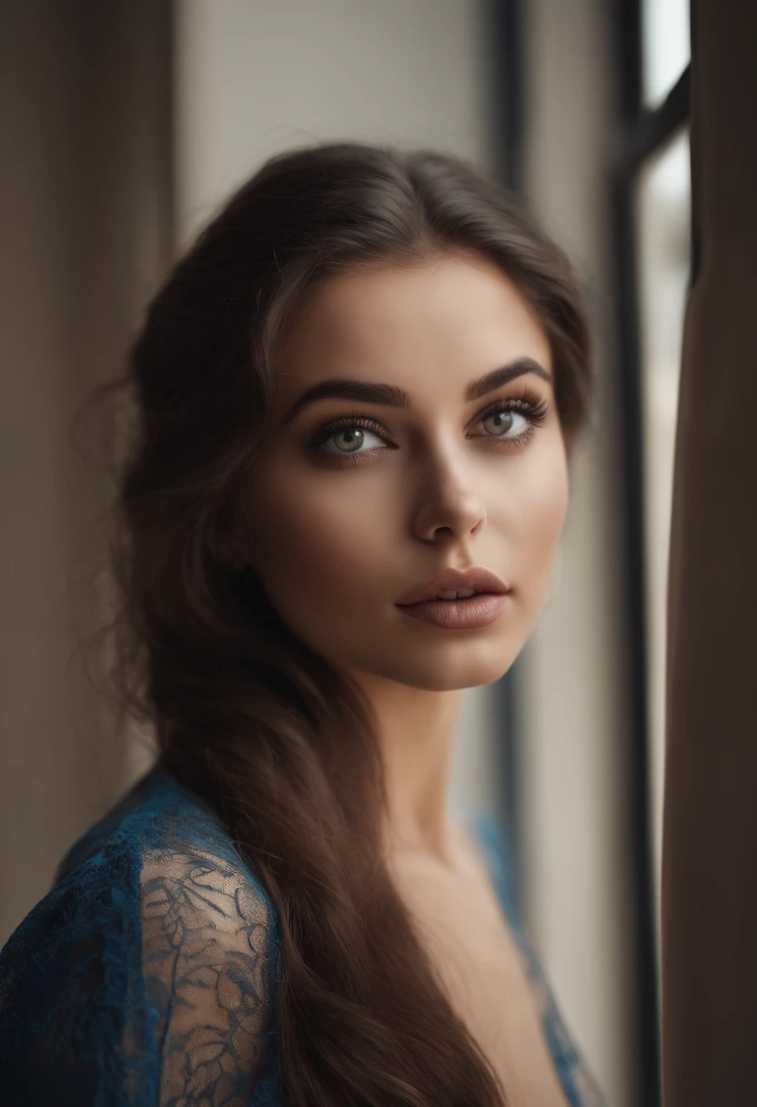 woman completely , italienne fille aux yeux bleu, ultra realistic, meticulously detailed, Portrait de Sophie Mudd 28 ans cheveux bruns et grands yeux, selfie. The eyes of Dubai, sans maquillage, maquillage naturel, regarder directement la caméra, Maquillage subtil, Superbe photo de tout le corps dans la chambre, Buste moyen à large clean girl