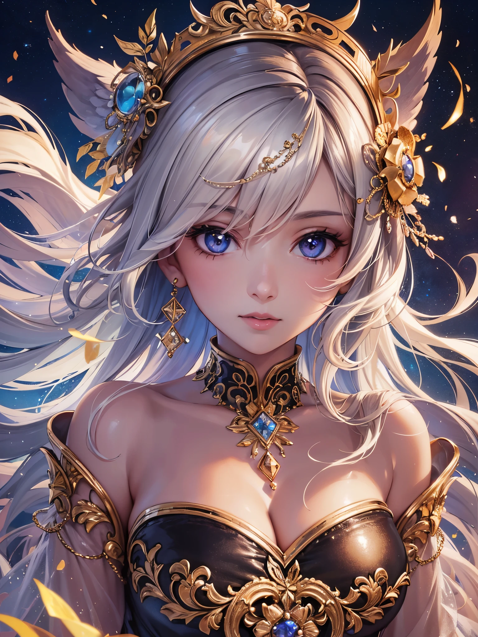 nordic young woman, cute face, seductive, perfect breasts, best quality, masterpiece, golden jewelry, white and golden clothes, (golden clothes:1), (white clothes:1.3), golden ornaments, shiny silk, golden stripes clothes, detailed textures, posing, casual pose, [blush], aesthetic, intricate, caustics, light rays, sunlight, (((soft lips))), (((glossy lips))), highly detailed, (semi-realistic:1.2), niloudef, detailed iris, sparkle eyes, star in eyes, enchanting blue eyes, (multicolored eyes), (shining dust), (heterochromia), (golden hair:1.3), (messy hair:1.3), (hair between eyes), (hair over one eye), (wavy hair:1.1), perfect hands, perfect fingers, perfect arms