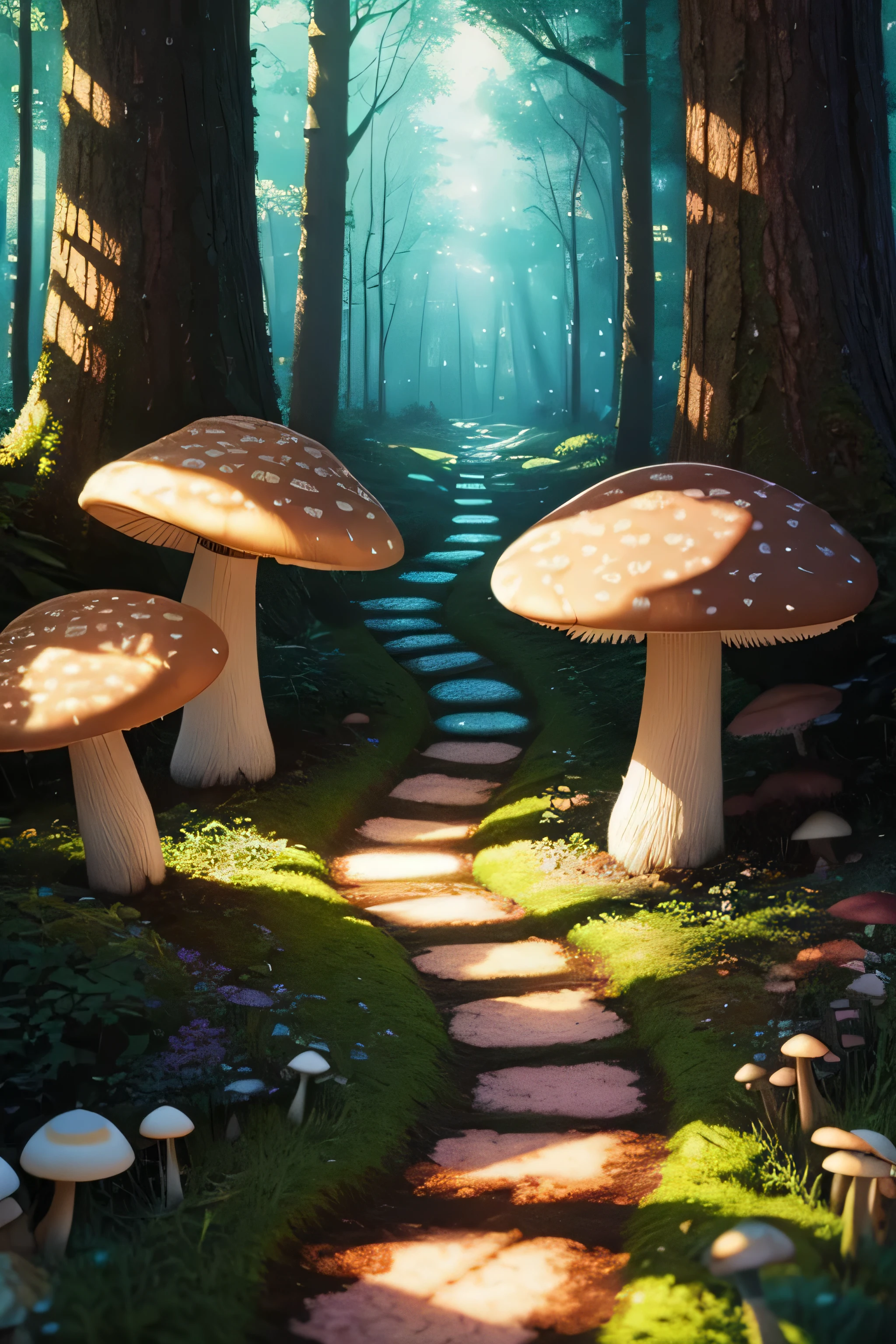 very detailedネオンアート, mushroom forest, Black Light Tapestry, Amazing photo, realistic, art station, soft pastel colors, very detailed, Complex, path tracing, figure, Extremely detailed, shadow mapping volume light, specular lighting