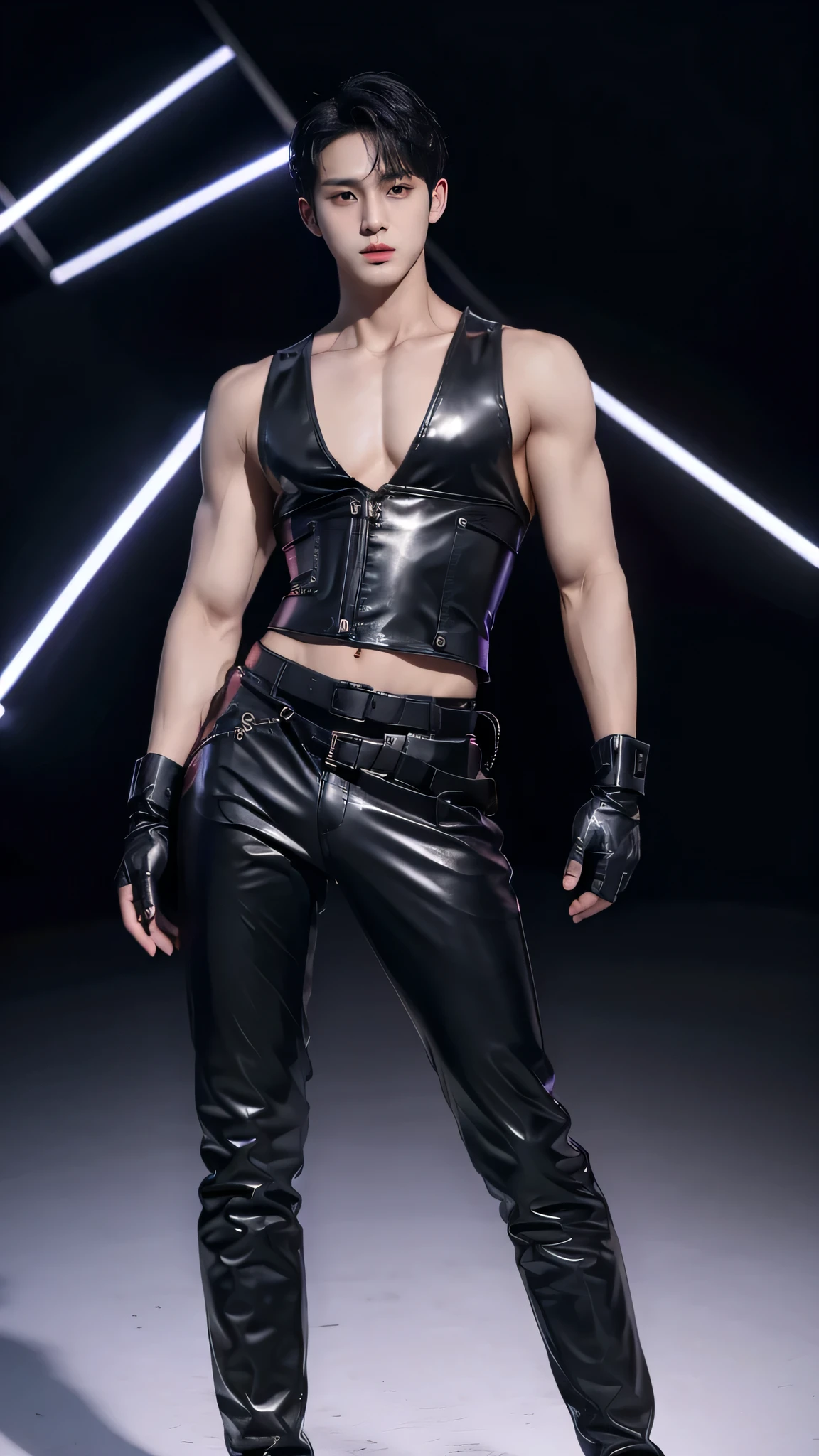 male，thin waist, wide shoulders，Slender legs，Song Weilong wears a black latex corset and latex gloves，abdominal muscles，Full body appearance，chest muscles，sports student，no beard，no body hair，Black leather boots，no chest hair，No beard，Abdomen thrust forward，The whole body is facing the camera，Protruding crotch，Show your crotch，Cocked buttocks，breast belt，neck strap，Emphasis on male，Accentuate white hair，Accentuate Purple Eyes，Wearing Black leather boots，individual，Looking directly into the camera, mingyu seventeen