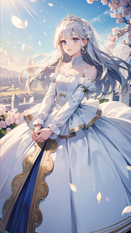 ((highest quality)), ((masterpiece)) wedding princess dress, light, Lens flare, white petals, long coat cat, exotic