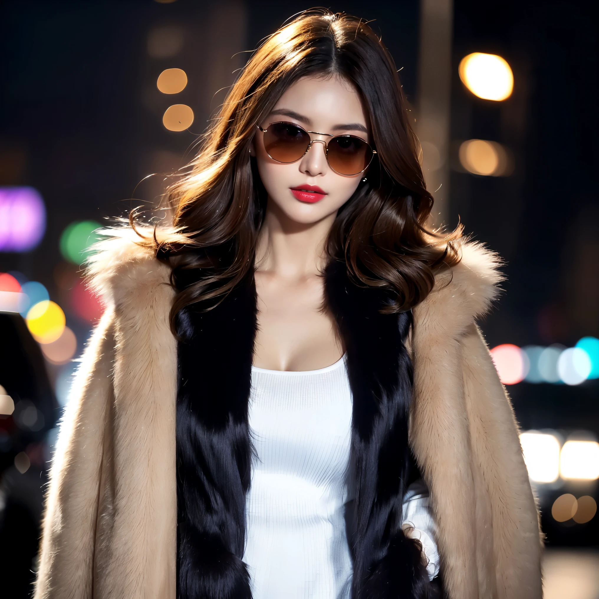 (highest quality、table top、8K、best image quality、hyper realism、Award-winning work)、1 female、(Soft and small cleavage:1.1)、A mafia female boss with outstanding charisma、Super charismatic female mafia、Brown blonde hair、look at me、Woman standing elegantly、(A huge mob of mafia members follows behind her.:1.1)、perfect anatomy、(The most luxurious and majestic huge black fur coat:1.5)、(A large amount of very high quality fluffy black fur:1.5)、delicate soft lighting、(Lots of fluffy black fur:1.5)、(the most luxurious black huge fur coat:1.5)、(black reflective sunglasses:1.3)、gorgeous accessories、long wavy hair、(Cityscape at midnight:1.1)、(Walking the streets of a city at midnight:1.1)、(city night view:1.1)、(fur shirt and fur coat:1.1)、A beautiful lipstick with a glossy, natural color、glossy lips、Ultra high definition glossy skin、Ultra-HD radiant, beautiful skin、Moist and beautiful skin、beautiful skin glow、超高精細のglossy lips、Super high-definition sparkling eyes、(Super high definition beautiful perfect teeth:1.1)、(Perfect beautiful teeth:1.1)