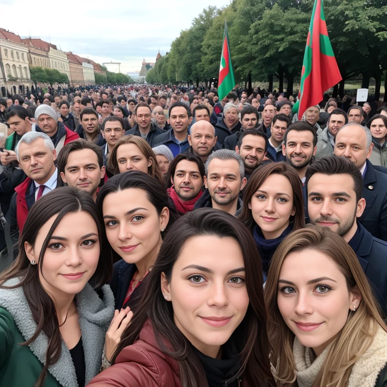 Hungarians group, together in the city, focus on the characters' faces