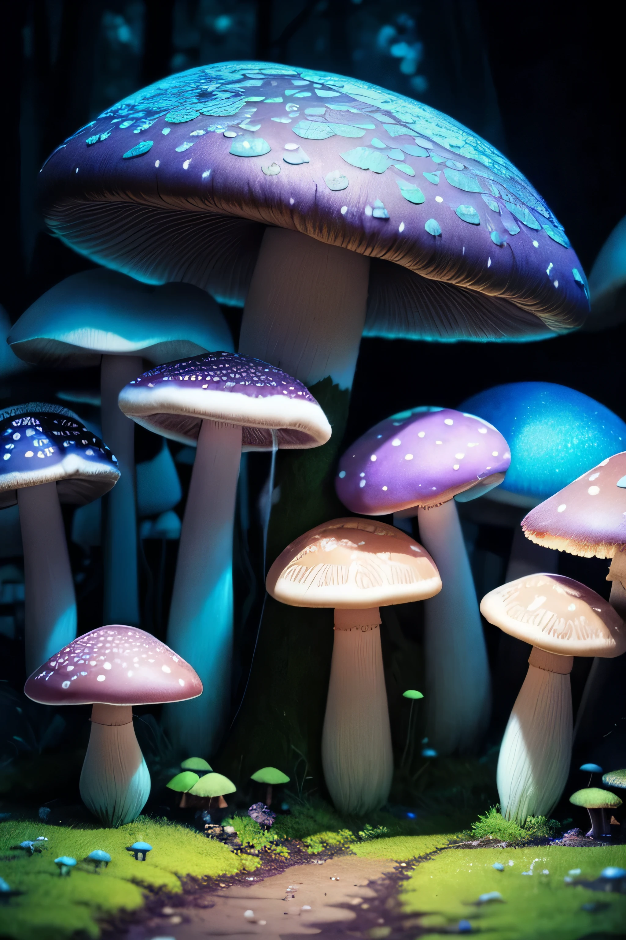 very detailedネオンアート, mushroom forest, Black Light Tapestry, Amazing photo, realistic, art station, soft pastel colors, very detailed, Complex, path tracing, figure, Extremely detailed, shadow mapping volume light, specular lighting