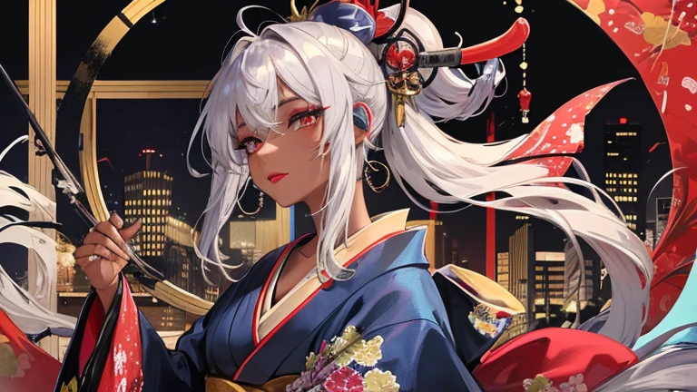 high quality,masterpiece,A dark-skinned Japanese woman wearing a colorful kimono,arm with tattoo,Beautiful blue droopy eyes,japanese geisha,long silver hair,Listening to music through headphones,ear earrings,dragon tattoo,gold necklace,expression of ridicule,gray hair,red lipstick,dark makeup,A gorgeous building reminiscent of a Japanese brothel,Images for YouTube