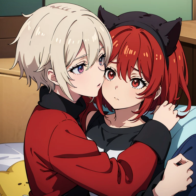 (((Gran obra maestra de anime TV))), ((bien detallado)), pareja de 1 chico y 1 chica 1:1, el chico tiene el pelo corto rojizo unos eyes red radiant y rostro masculino,... La chica zorro tiene el pelo largo y gris., His eyes are also bright red., ella esta sonrojada., mientras se mirar mutuamente antes de besarse, -coche completo..