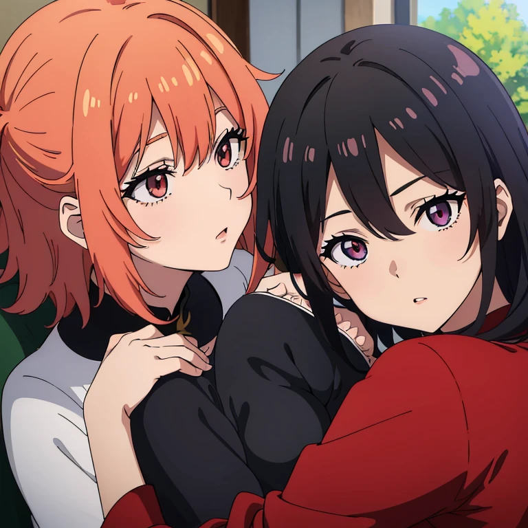 (((Gran obra maestra de anime TV))), ((bien detallado)), pareja de 1 chico y 1 chica 1:1, el chico tiene el pelo corto rojizo unos eyes red radiant y rostro masculino,... La chica zorro tiene el pelo largo y gris., His eyes are also bright red., ella esta sonrojada., mientras se mirar mutuamente antes de besarse, -coche completo..